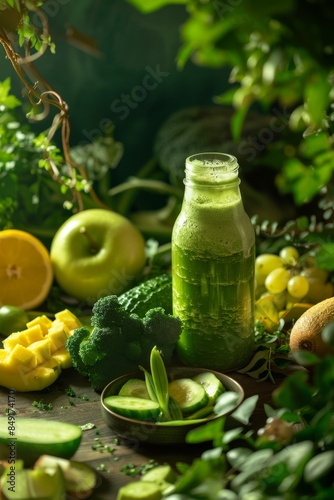 An elegant glass bottle filled with vibrant green vegetable shake sits on a kitchen counter displaying its fresh and healthy ingredients, alongside a high-resolution DSLR camera.