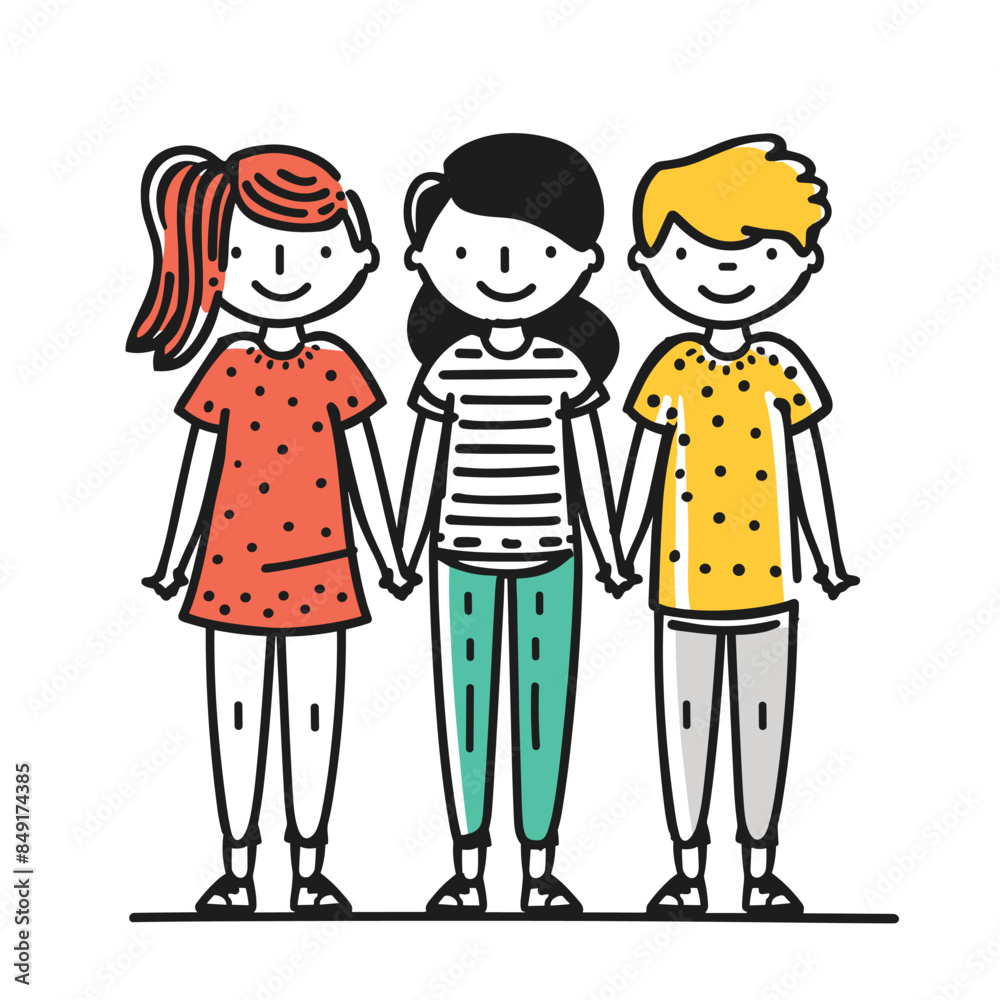 Three children holding hands, smiling faces, colorful clothing, simple line drawing. Cartoon kids standing together, friendship concept, handdrawn characters. Diverse group friends, playful vector Three children holding hands, smiling faces, colorful clothing, simple line drawing. Cartoon kids standing together, friendship concept, handdrawn characters. Diverse group friends, playful vector