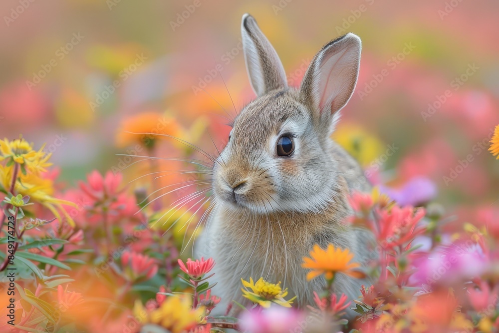 Baby Rabbit: A small, furry baby rabbit with long ears and bright eyes, hopping through a meadow filled with colorful flowers. Baby Rabbit: A small, furry baby rabbit with long ears and bright eyes, hopping through a meadow filled with colorful flowers.