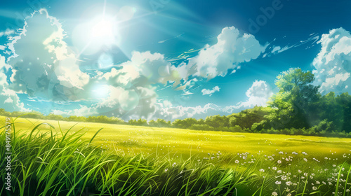 Bright sunny background with green grass