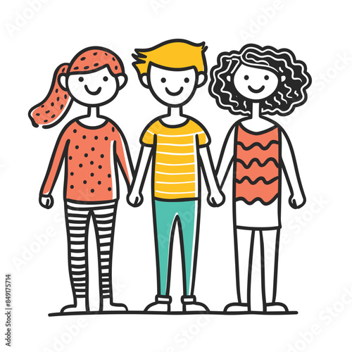 Three young friends holding hands smiling, cartoon characters united happy. Simple doodle style, colorful clothes, two girls one boy friendship concept. Casual attire, youthful, joyful trio