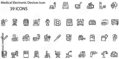 set of 39 outline web medical electronic devices icons such as eeg, mri, echocardiography, heart rate monitor, surgical aspirator, breathalyzer, oxygen, jaundice vector thin line icons for web
