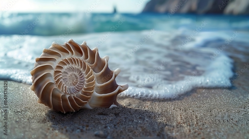 a beautiful seashell on the beach sand, a sequence of walls in a seashell, sea waves a beautiful seashell on the beach sand, a sequence of walls in a seashell, sea waves