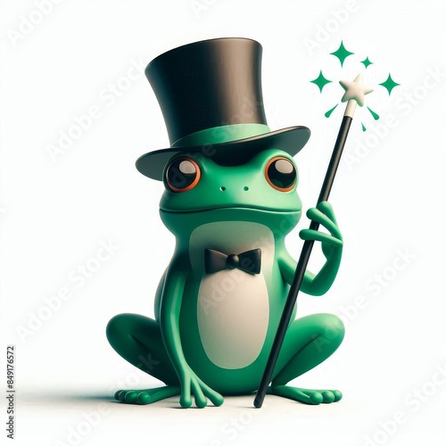 A frog wearing a top hat and bow tie holding a wand