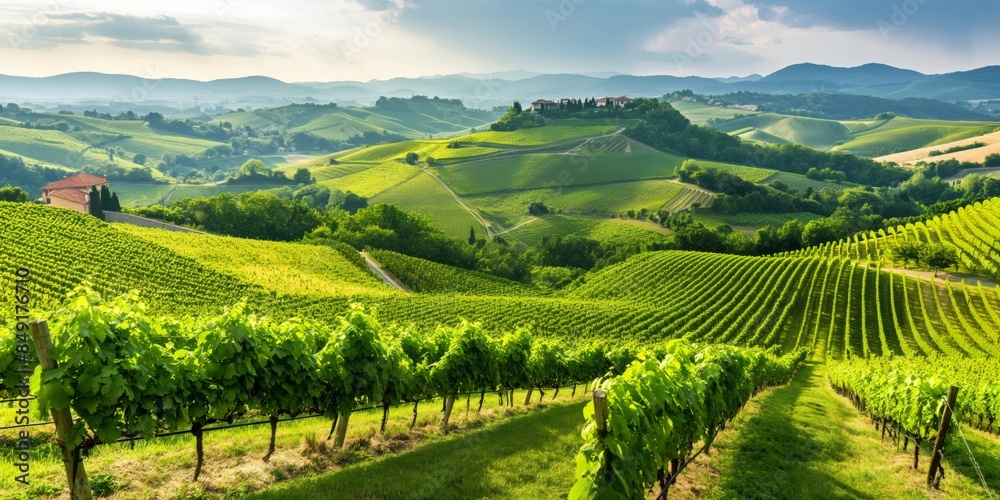 A breathtaking panoramic shot of lush, rolling vineyard hills under a bright sky, indicating a wine region A breathtaking panoramic shot of lush, rolling vineyard hills under a bright sky, indicating a wine region