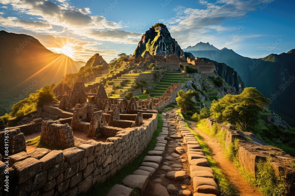 Machu Picchu at dawn, with intiuatana mystical., generative IA