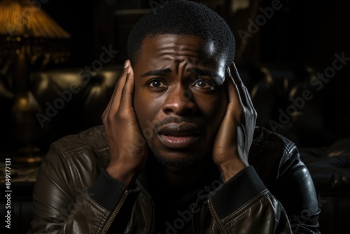 Horizontal photo of a dark -skinned young man upset with a frustrated expression, , generative IA