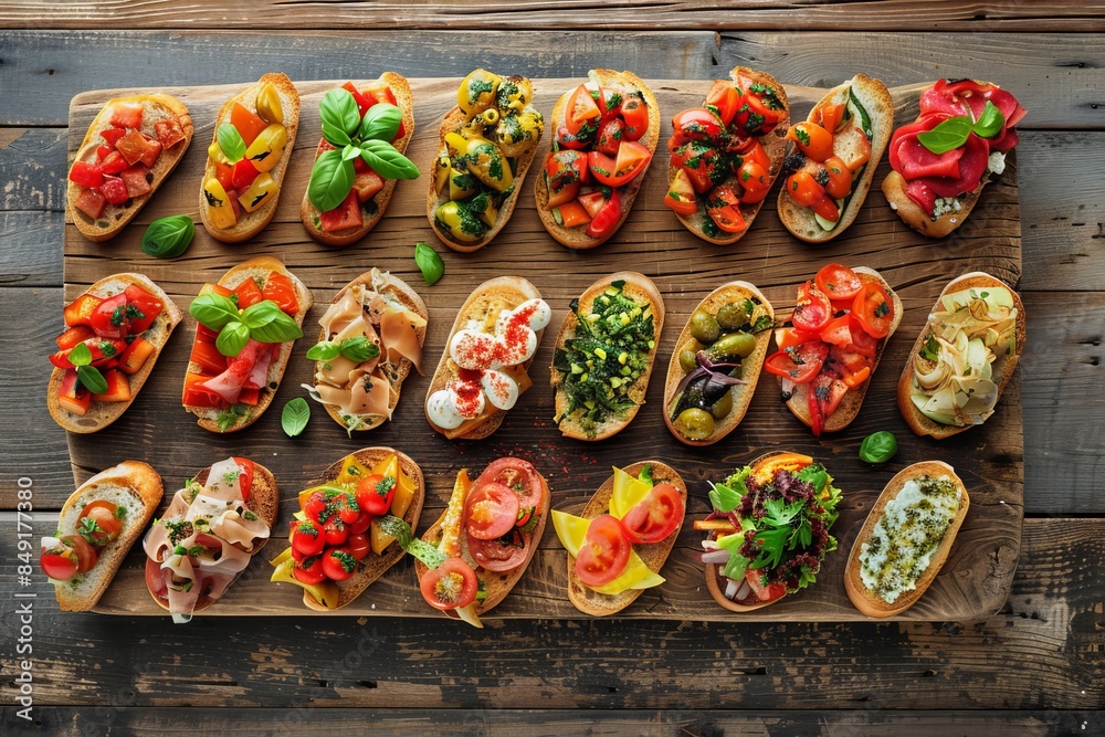 Delicious bruschetta snacks elegantly arranged against a dark rustic wooden backdrop, perfect for pairing with fine wines, high resolution camera