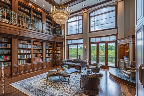 The luxury of the home library is highlighted by its interior, which includes detailed woodwork and sophisticated decor elements