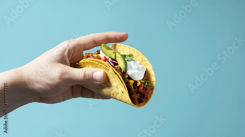 A human hand holding a luxury  taco - Generative AI