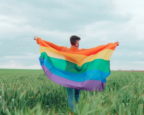 Standing on a vibrant green field, an individual waves a gay rainbow flag high, celebrating the joy, freedom, and love of the LGBTQ community.