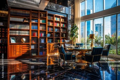 In the luxury home library, the interior design is meticulously planned, with decor elements that reflect a refined taste