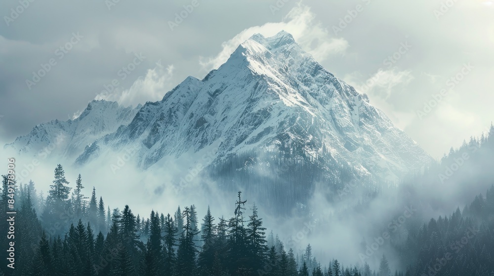 Obraz premium Tranquil view of a majestic snow covered mountain in the forest during the day