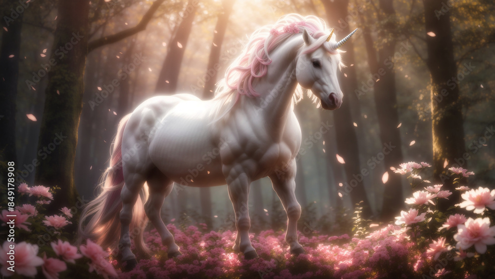 A unicorn is standing in a forest. The unicorn is white with a pink mane and tail, and a golden horn. The forest is full of pink flowers.
A unicorn is standing in a forest. The unicorn is white with a pink mane and tail, and a golden horn. The forest is full of pink flowers.