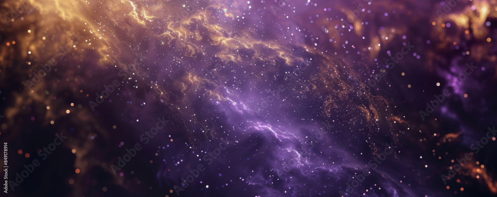 Mystical space background with deep purple and gold hues, twinkling stars, and dark space. Mystical space background with deep purple and gold hues, twinkling stars, and dark space.