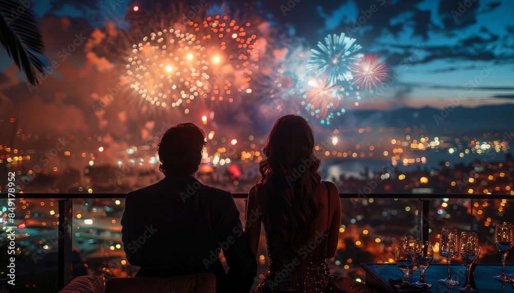 Couple watching fireworks from their balcony at night Couple watching fireworks from their balcony at night