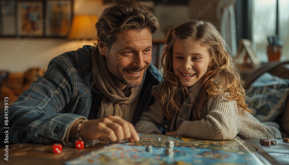 Family playing board games together on the living room floor, with board game pieces and dice Family playing board games together on the living room floor, with board game pieces and dice