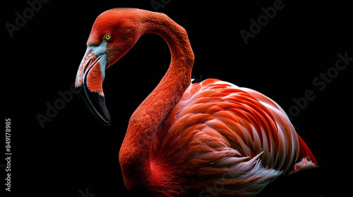 Pink flamingo on isolated black background