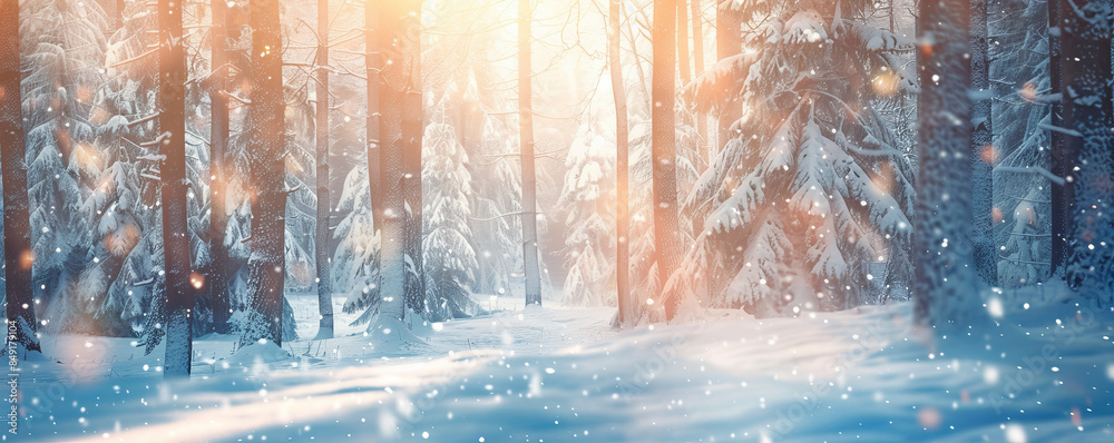 Fototapeta premium Peaceful winter background with a snowy forest, gentle snowfall, and soft evening light.