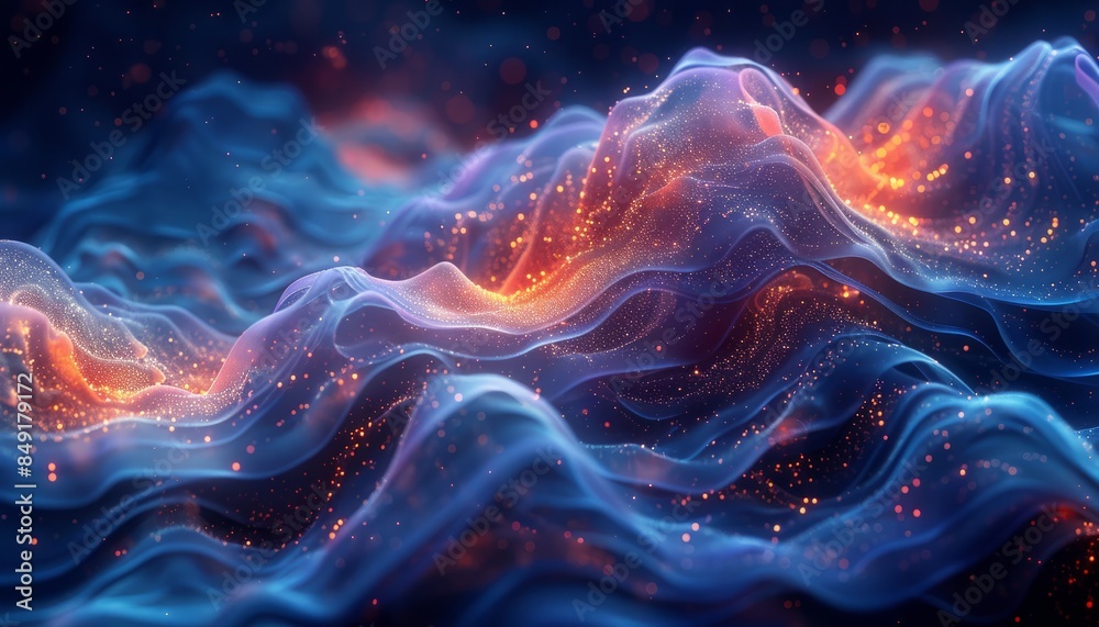 Fototapeta premium Abstract underwater world with bioluminescent creatures and undulating currents of light