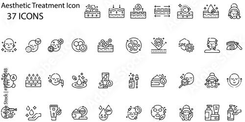 set of 37 outline web aesthetic treatment icons such as blackhead, cleaning, implant, hyaluronic acid, nail, acne, stone, scrub vector thin line icons for web design, mobile app.
