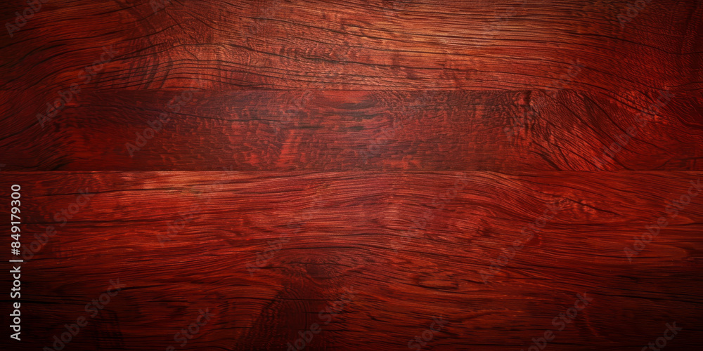 Naklejka premium Polished mahogany wood background with rich, dark reddish-brown tones and sleek finish: Great for luxury or classic designs, the dark reddish-brown tones and sleek finish of mahogany wood create an