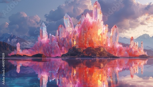 Surrealistic dreamscape with floating islands and luminous crystals casting colorful reflections