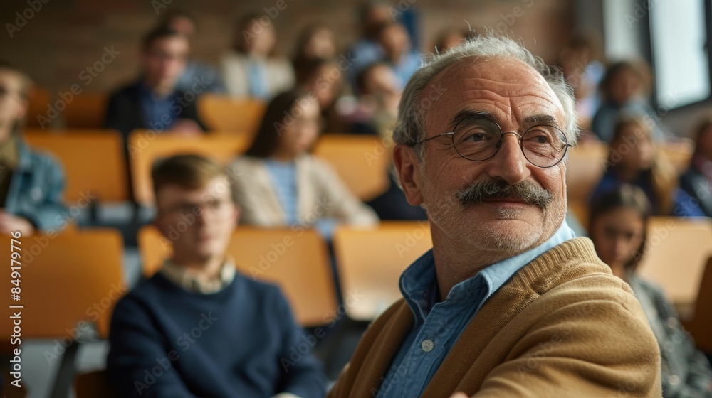 Photo of an adult professor giving a lecture to a group of university students and looking at the camera. Photo of an adult professor giving a lecture to a group of university students and looking at the camera.