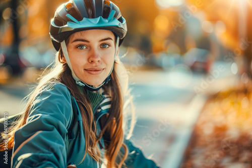 Woman riding a bike in helmet on street background