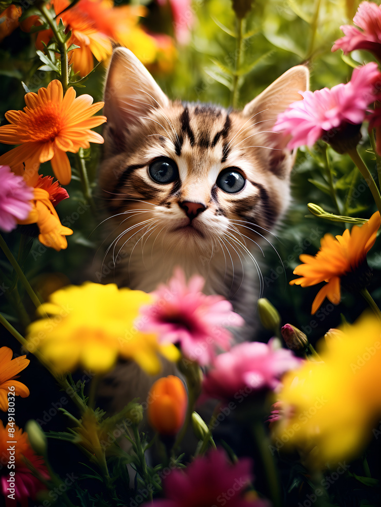 Close up of a cute curious kitten exploring a garden full of colorful flowers Close up of a cute curious kitten exploring a garden full of colorful flowers