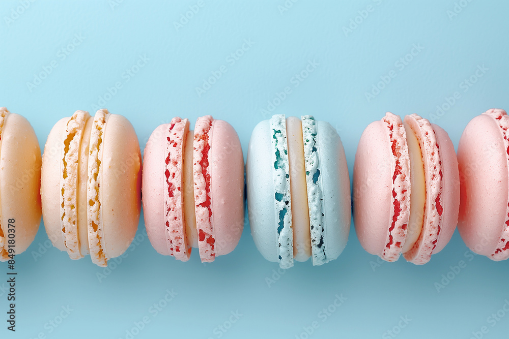 macaroons on pastel light blue background, closeup, top view macaroons on pastel light blue background, closeup, top view