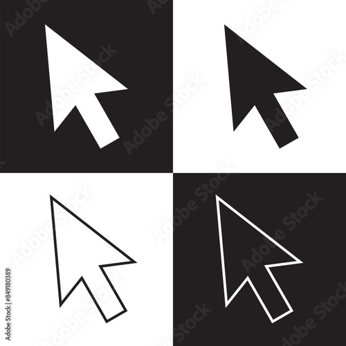 Cursor icon set. mouse click arrow vector symbol. computer pointer sign in black filled and outlined style. isolated on white and black background. EPS 10.