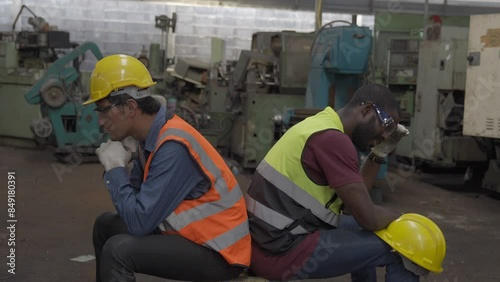 Job control foreman is stressing working in industrial factories. Staff or engineer working on new project.