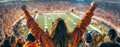 Female sports fan cheering at a college football game