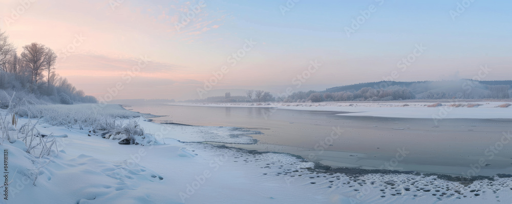 Serene winter background with frozen river, snow-covered banks, and pastel morning sky. Serene winter background with frozen river, snow-covered banks, and pastel morning sky.