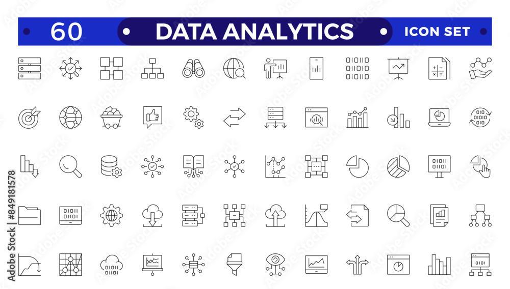 Data analytics icon set. Big data analysis technology symbol. They contain databases, statistics, analytics, servers, monitoring, computing, and network icons. Outline icons vector collection. Data analytics icon set. Big data analysis technology symbol. They contain databases, statistics, analytics, servers, monitoring, computing, and network icons. Outline icons vector collection.