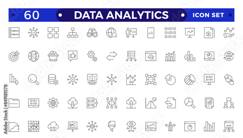 Data analytics icon set. Big data analysis technology symbol. They contain databases, statistics, analytics, servers, monitoring, computing, and network icons. Outline icons vector collection. 