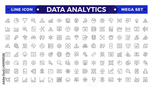 Data analytics icon set. Big data analysis technology symbol. They contain databases, statistics, analytics, servers, monitoring, computing, and network icons. Outline icons vector collection. 