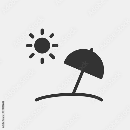 Beach umbrella icon, tourism icon, Island with beach, umbrella, ocean and sunshine icon, beach logo.