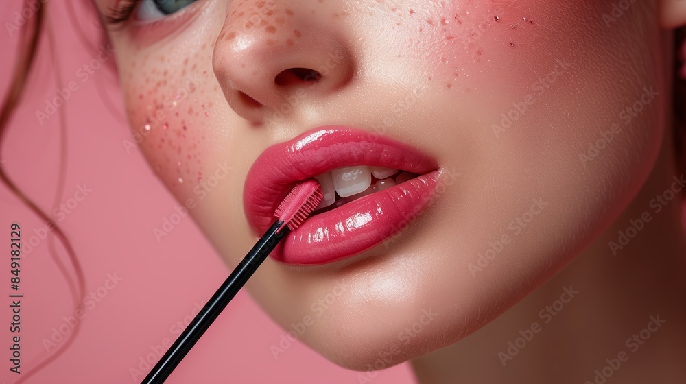 Obraz premium Close Up of a Woman Applying Pink Lip Gloss Against a Pink Background