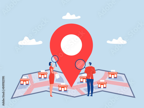  Businessman search with magnifying glass with map location pin.map and  expansion with Real estate business Franchise shop SME Flat.Vector