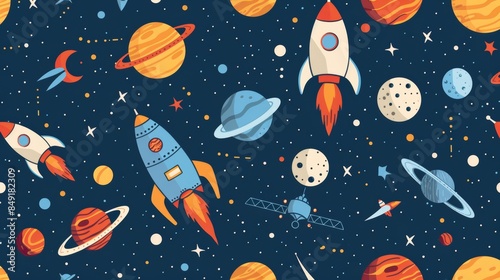 Fototapeta Naklejka Na Ścianę i Meble -  Flat design of celestial themes like planets and rocket ships in a seamless pattern for a space theme.