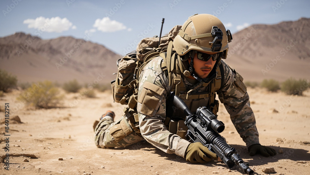 A soldier in full combat gear is crawling on the desert ground.
A soldier in full combat gear is crawling on the desert ground.