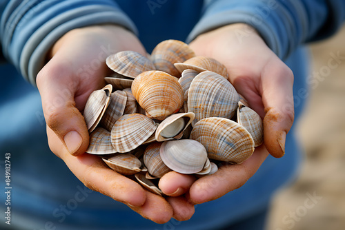 A close-up show hands holding shells collected during a walk on the beach