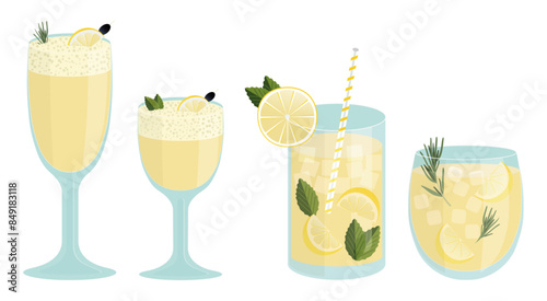 Set of yellow lemon cocktails in sour, collins, rolling tumbler glasses.  With mint, rosemary, ice, tube, fruit pieces. For bar, party, summer, beach.