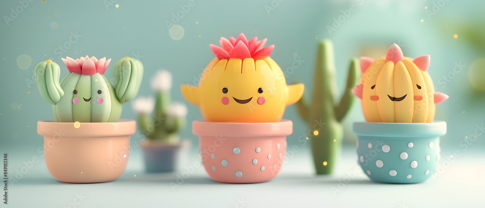 Set of Adorable clay ,Dwarf cacti of different varieties in pots, muted pastels, 3D clay icon, Blender 3d, ms, kawaii flowers, Decorative flowers, cartoon flowers, children's toys Set of Adorable clay ,Dwarf cacti of different varieties in pots, muted pastels, 3D clay icon, Blender 3d, ms, kawaii flowers, Decorative flowers, cartoon flowers, children's toys