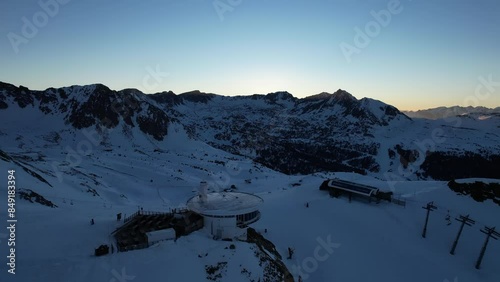 Aerial video over Coll blanc KSB ski resort, Andorra in a snowy winter photo