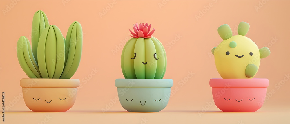 Set of Adorable clay ,Dwarf cacti of different varieties in pots, muted pastels, 3D clay icon, Blender 3d, ms, kawaii flowers, Decorative flowers, cartoon flowers, children's toys Set of Adorable clay ,Dwarf cacti of different varieties in pots, muted pastels, 3D clay icon, Blender 3d, ms, kawaii flowers, Decorative flowers, cartoon flowers, children's toys