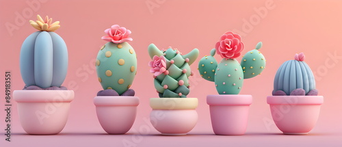 Set of Adorable clay ,Dwarf cacti of different varieties in pots, muted pastels, 3D clay icon, Blender 3d, ms, kawaii flowers, Decorative flowers, cartoon flowers, children's toys © SJarkCube