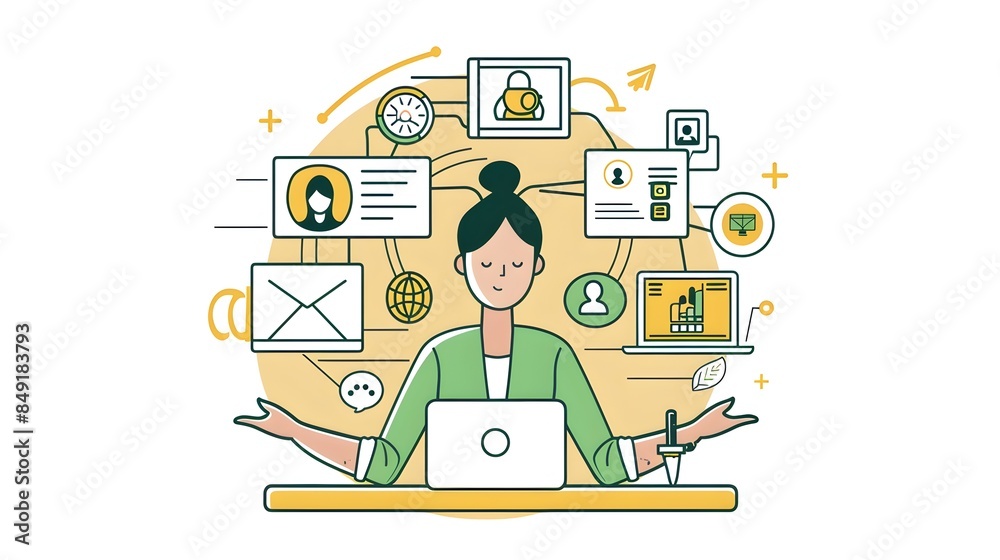 Focused Woman Using Laptop in Bright Office Workspace Focused Woman Using Laptop in Bright Office Workspace